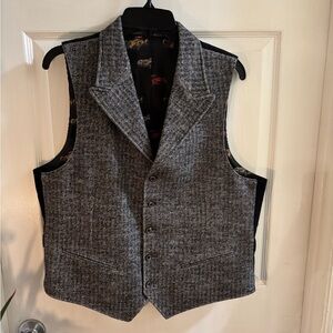 Black & Gray Herringbone & Corduroy Men's Wool Vest with Lapels, Size M